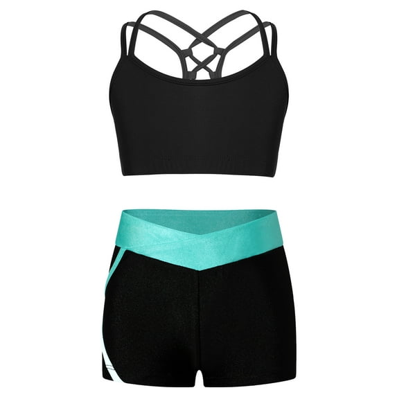 YiZYiF Kids Girls Sleeveless Double Straps Criss Cross Crop Top with Color Block Shorts for Dance Sports Workout B Blue Green 4