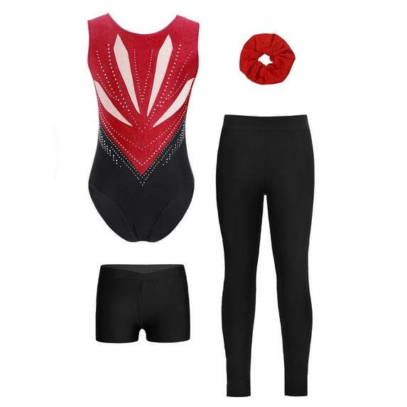 YiZYiF Kids Girls Sleeveless Gymnastics Leotards Training Bodysuit with Shorts Leggings And Headband Burgundy&Black 14