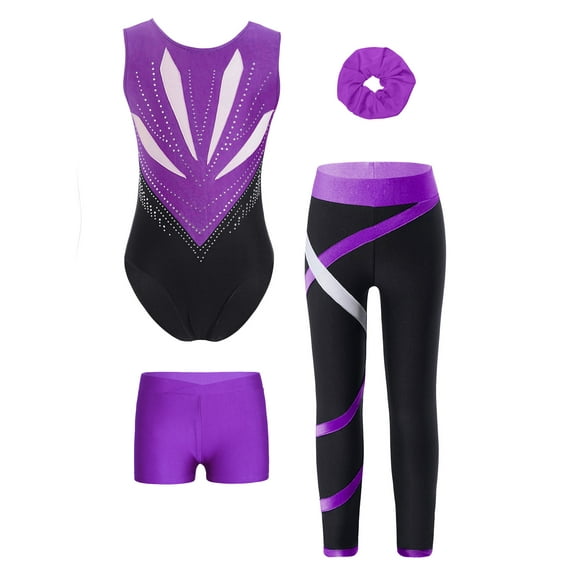 YiZYiF Kids Girls Sleeveless Gymnastics Leotards Training Bodysuit with Shorts Leggings And Headband Purple 8