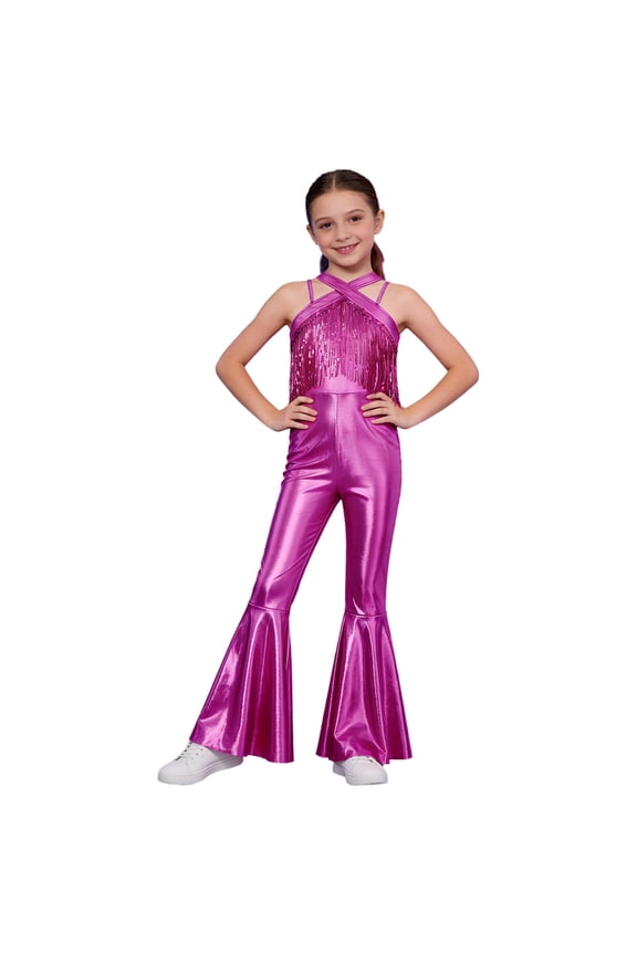 Kids Girls Sleeveless Metallic Jazz Disco Dance Jumpsuit Bell Bottom 70s Party Stage Performance Outfit Hot Pink 8