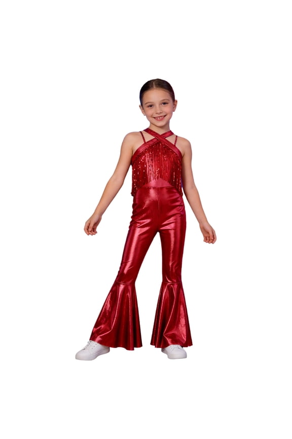 Kids Girls Sleeveless Metallic Jazz Disco Dance Jumpsuit Bell Bottom 70s Party Stage Performance Outfit Red 16