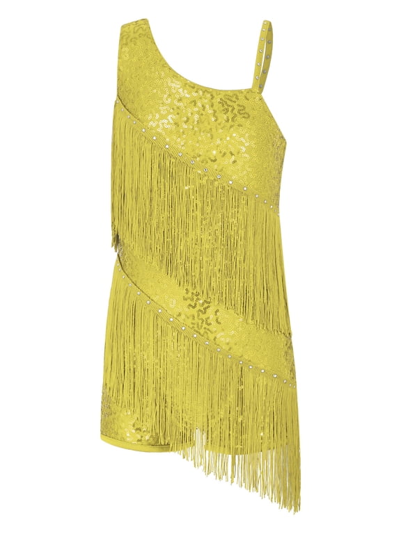 Kids Girls Sleeveless Oblique Straps Sequins Tassel Jazz Latin Dance Dress Ballroom Dancing Costume Gold 6