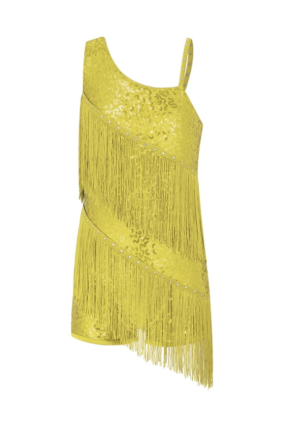 Kids Girls Sleeveless Oblique Straps Sequins Tassel Jazz Latin Dance Dress Ballroom Dancing Costume Gold 6