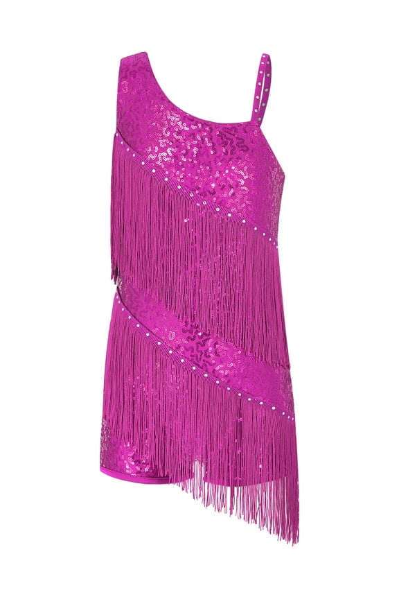 Kids Girls Sleeveless Oblique Straps Sequins Tassel Jazz Latin Dance Dress Ballroom Dancing Costume Hot Pink 8