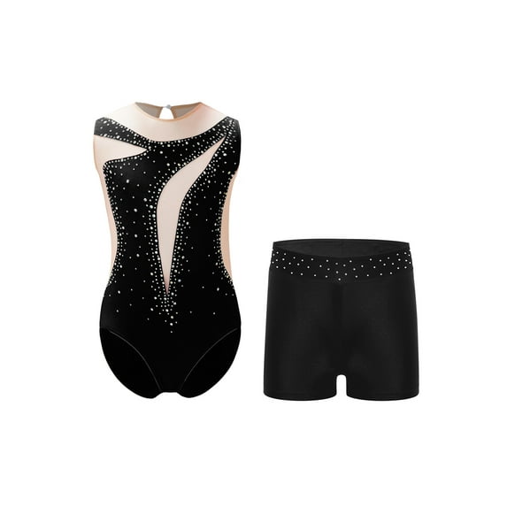 YiZYiF Kids Girls Sleeveless Rhinestone Gymnastics Dance Leotards and Shorts Figure Skating Outfit Black-A 14