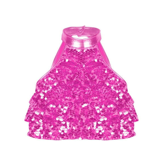 YiZYiF Kids Girls Sleeveless Tiered Shiny Sequins Crop Top Shiny Backless Tank Top for Dance Performance Hot Pink 16