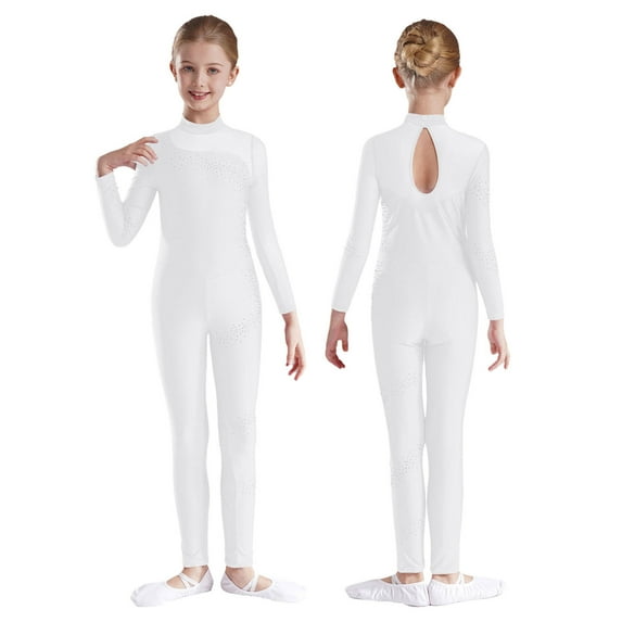 YiZYiF Kids Girls Sparkle Long Sleeve Full Body Leotard Unitard for Ballet Gymnastics Dance Skating White 10