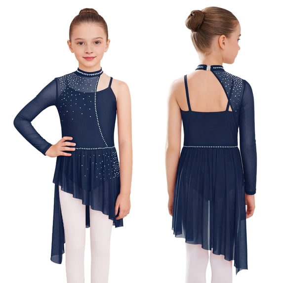 YiZYiF Kids Girls Sparkly Asymmetrical Tulle Skirt Lyrical Dance Dress One Shoulder Ballet Leotard Dancewear Navy Blue 16