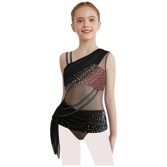 YiZYiF Kids Girls Sparkly Color Block Lyrical Dance Dress Asymmetrical Mesh Tulle Ballet Leotard Contemporary Dancewear Dusty Pink 8