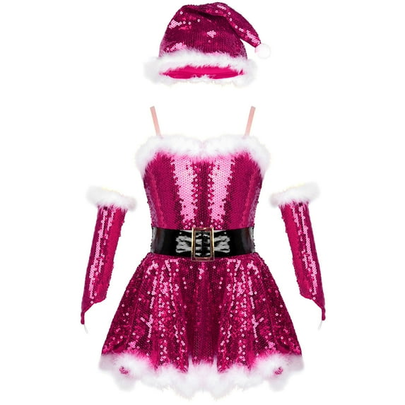 YiZYiF Kids Girls Sparkly Figure Ice Skating Dance Tutu Dress Feather Santa Christmas Costume Outfit Rose 4
