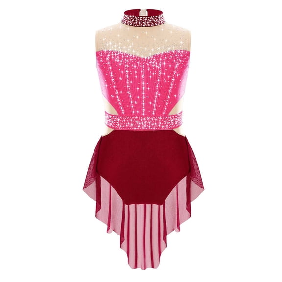 YiZYiF Girls Sparkly Figure Skating Dress Mesh Skirt Ballet Leotard Lyrical Dance Clothes Burgundy 10