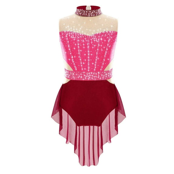 YiZYiF Girls Sparkly Figure Skating Dress Mesh Skirt Ballet Leotard Lyrical Dance Clothes Burgundy 14