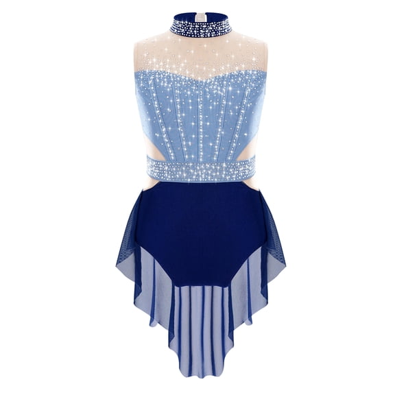 YiZYiF Girls Sparkly Figure Skating Dress Mesh Skirt Ballet Leotard Lyrical Dance Clothes Blue&Navy Blue 14