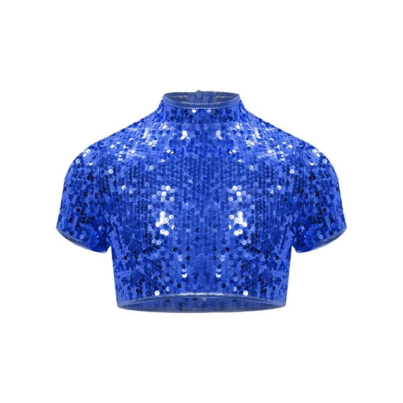 YiZYiF Kids Girls Sparkly Sequin Mock Neck Short Sleeve Dance Crop Top for Hip Hop Jazz Cheerleading Blue 6