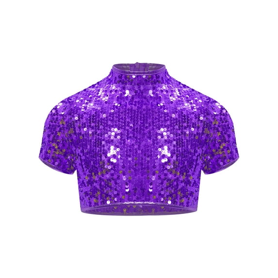 YiZYiF Kids Girls Sparkly Sequin Mock Neck Short Sleeve Dance Crop Top for Hip Hop Jazz Cheerleading Purple 10