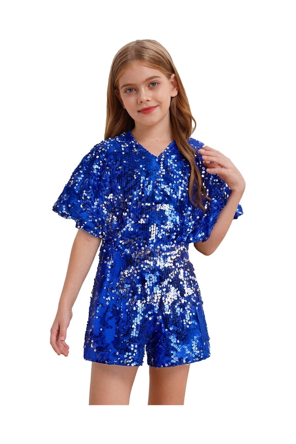 Kids Girls Sparkly Sequin One Piece Jumpsuit Cap Sleeve Shorts Rompers Party Dance Disco Costumes Blue 8