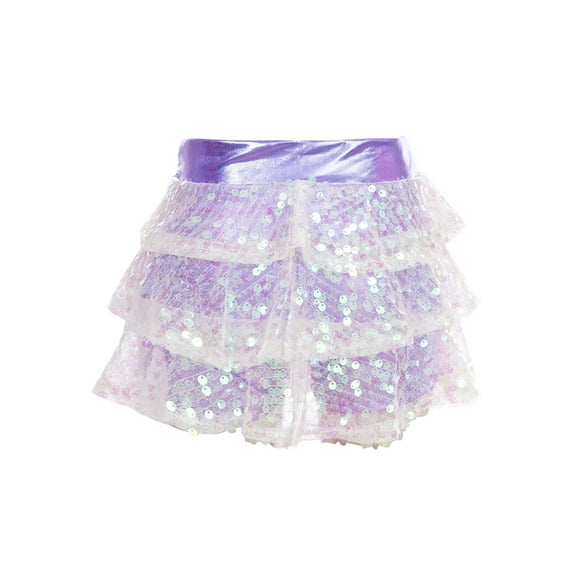YiZYiF Kids Girls Sparkly Sequins Dance Skirt Tiered Ruffle Skorts Hip Hop Jazz Performance Costume Lavender 10