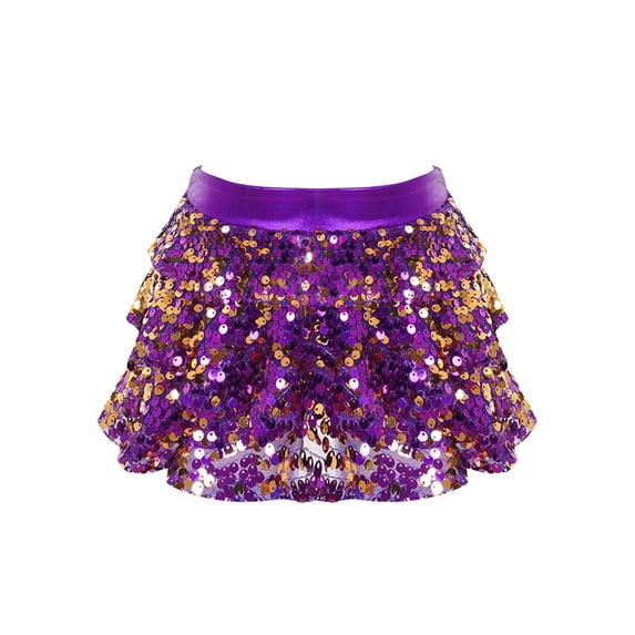 YiZYiF Kids Girls Sparkly Sequins Dance Skirt Tiered Ruffle Skorts Hip Hop Jazz Performance Costume Purple 12