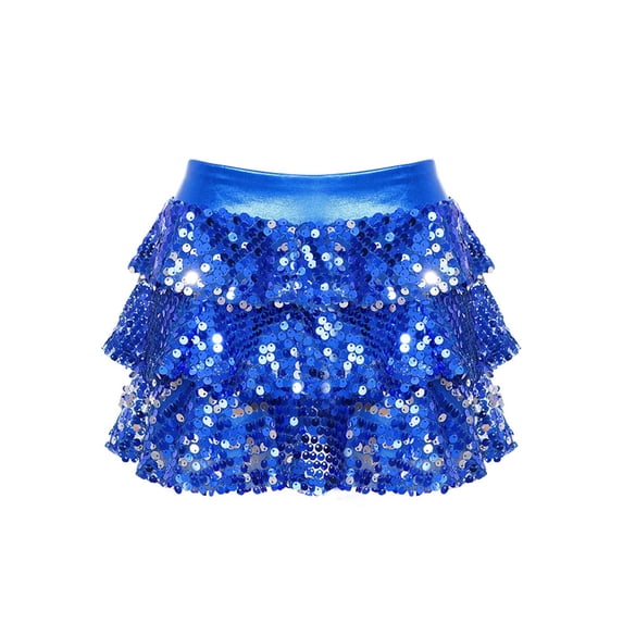 YiZYiF Kids Girls Sparkly Sequins Dance Skirt Tiered Ruffle Skorts Hip Hop Jazz Performance Costume Royal Blue 12