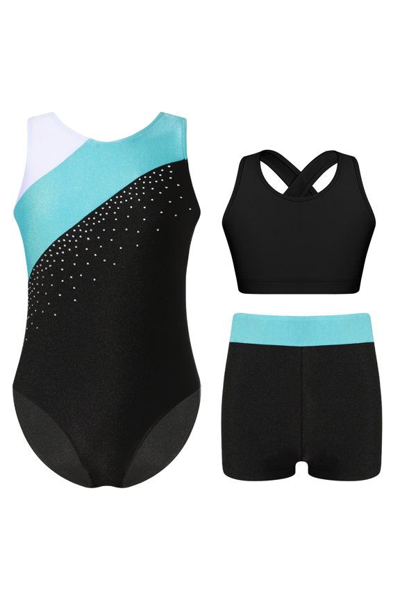 Kids Girls Sparkly Sleeveless Ballet Dance Gymnastics Leotard with Bra Tops Shorts Tracksuit Blue Green 14