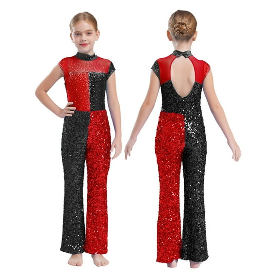 YiZYiF Kids Girls Sparkly Sleeveless Dance Jumpsuit Jazz Dancewear Disco Party Bell-Bottom Romper Red 16