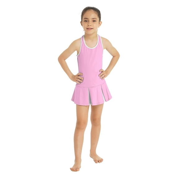 YiZYiF Kids Girls Sports Suit Dress with Shorts Set Sportswear for Running Gym Tennis Pink 12