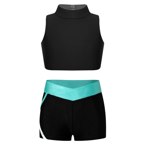 YiZYiF Kids Girls Sports Suit Gymnastics Athletic Outfit Sleeveless Crisscross Back Crop Top with Contrast Color Shorts Black&Blue Green 10