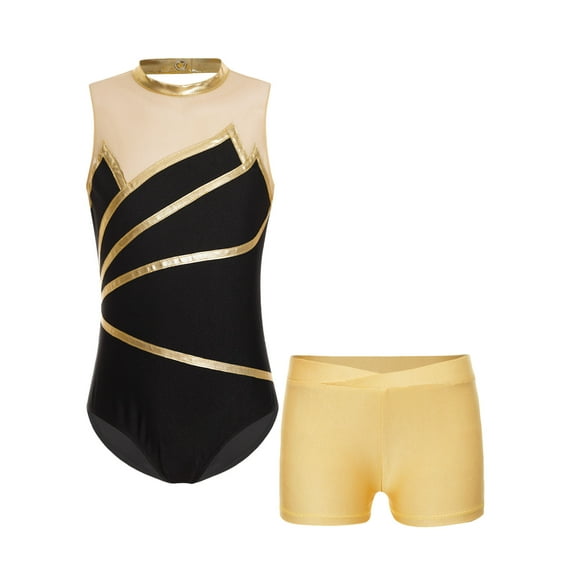 YiZYiF Kids Girls Sports Suit Sleeveless Leotard with V-front Waistband Shorts Gymnastics Performance Outfit Set Gold 16