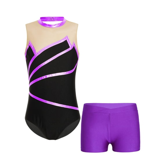 YiZYiF Kids Girls Sports Suit Sleeveless Leotard with V-front Waistband Shorts Gymnastics Performance Outfit Set Purple 6