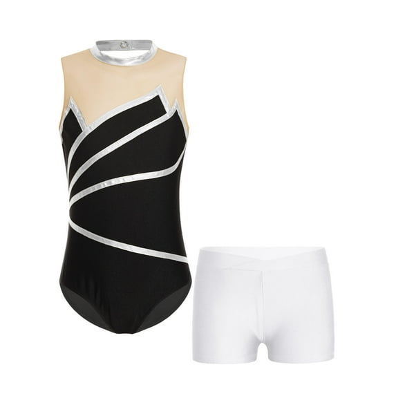 YiZYiF Kids Girls Sports Suit Sleeveless Leotard with V-front Waistband Shorts Gymnastics Performance Outfit Set Silver 10