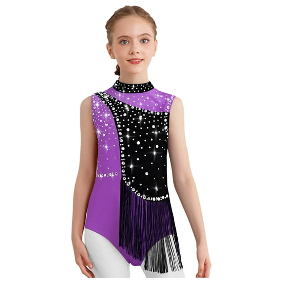YiZYiF Kids Girls Tassel Latin Jazz Dance Leotard Sleeveless Sparkly Rhinestone Gymnastics Leotard Purple 10