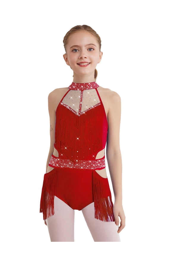 Kids Girls Tassels Tango Latin Dance Leotard Sleeveless Cutout Back Rhinestones Bodysuit Red 16