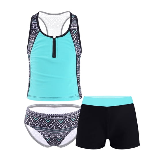 YiZYiF Kids Girls 3-Piece Bikinis Sleeveless Floral Print Bathing Suit Racerback Swim Shirt with Bikini Bottoms Shorts Mint Green 4