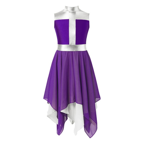 YiZYiF Kids Girls Worship Dance Tunic Sleeveless Metallic Praise Dance Dress Lyrical Liturgical Dancewear Purple 12