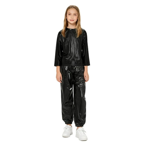 YiZYiF Kids Shiny Metallic Jazz Hip Hop Dance Outfit 2-Piece Long Sleeve T-Shirt and Harem Pants Set Black 160