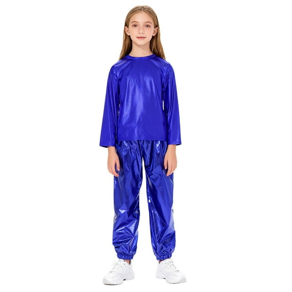 YiZYiF Kids Shiny Metallic Jazz Hip Hop Dance Outfit 2-Piece Long Sleeve T-Shirt and Harem Pants Set Royal Blue 110