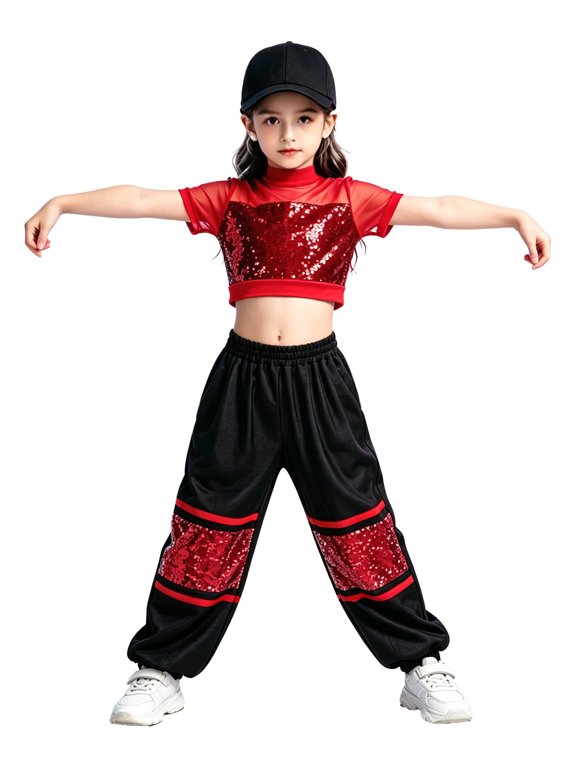 Kids Sparkle Dance Outfit 2 Piece Hip Hop Dancing Sets Hip-hop Stage Performance Streetwear Burgundy 6