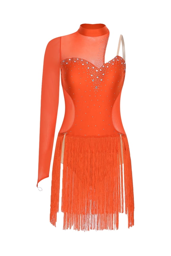 Latin Dance Dress Women Rumba Chacha Tango Single Sleeves Performance Clothing Latin Skirt Orange XXL