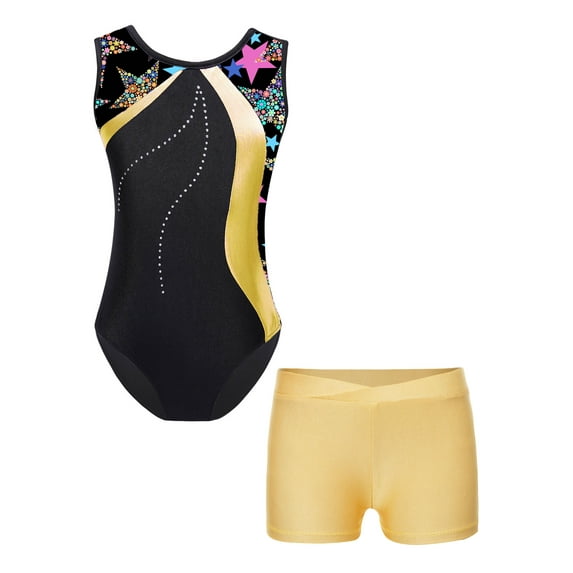 YiZYiF Little Big Girls Tumbling Gymnastics Dancewear Shiny Rhinestones Leotard with Athletic Shorts Gym Yoga Activewear Yellow 4