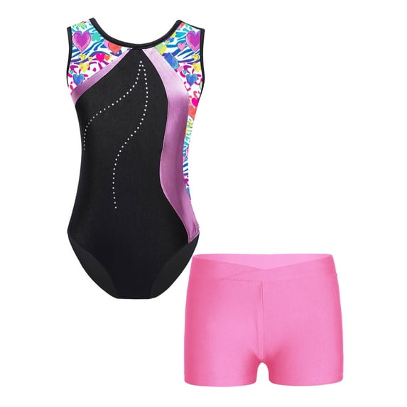 YiZYiF Little Big Girls Tumbling Gymnastics Dancewear Shiny Rhinestones Leotard with Athletic Shorts Gym Yoga Activewear Zebra 10