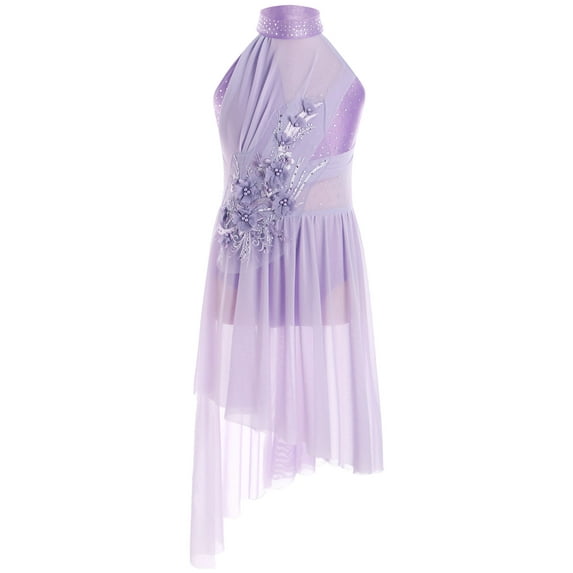 YiZYiF Lyrical Dance Dress for Girls Sleeveless Flower Applique Tulle Overlay Skirt Leotard Ballerina Costume Light Purple 6