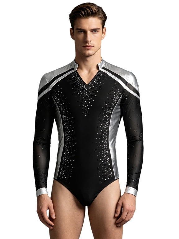 Men Latin Dance Leotard To Long Sleeve Sparkly Rhinestones Ice Skating Training Shirt V Neck for Tango Silver L