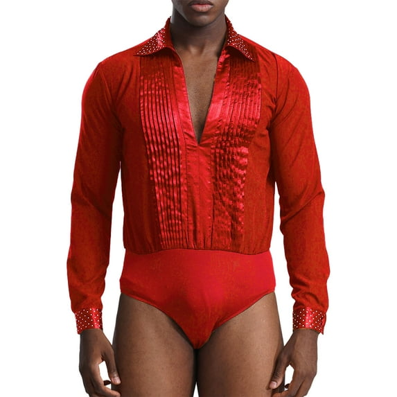 YiZYiF Men Latin Tango Ballet Dance Shirt Long Sleeve V Neck Ballroom Leotard Professional Dancewear Red XXL