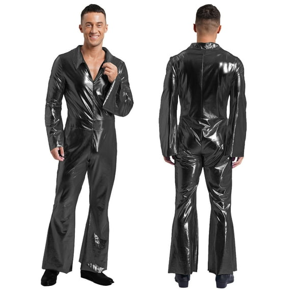 YiZYiF Men Metallic Shiny Disco Jumpsuit Flare Pants Bell Bottoms Hippie Romper Stage Singer Costume Black 3XL