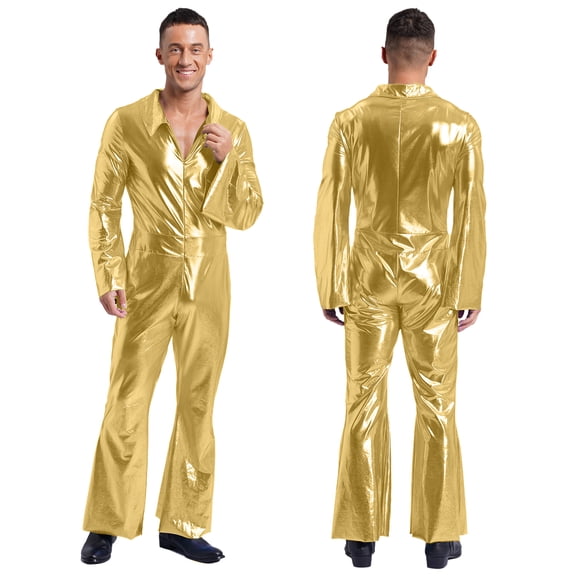 YiZYiF Men Metallic Shiny Disco Jumpsuit Flare Pants Bell Bottoms Hippie Romper Stage Singer Costume Gold M