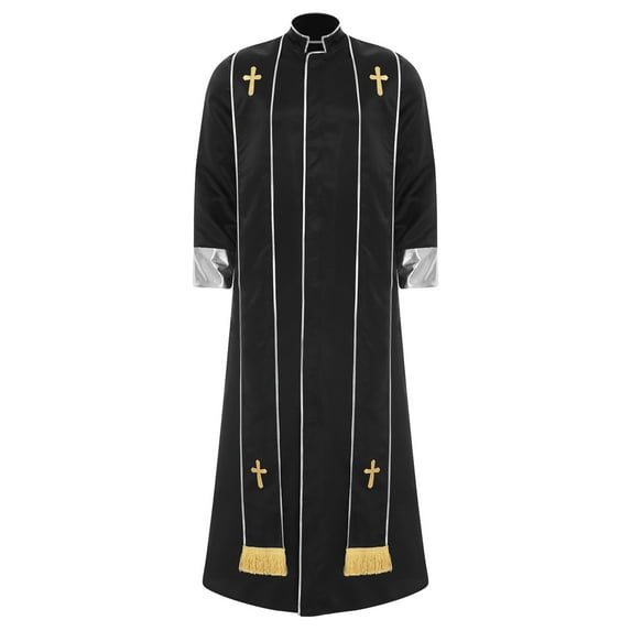 YiZYiF Men's Clergy Cassock Cosplay Robe Stand Collar Pulpit Priest Vestments Outfits with Stole Black XL