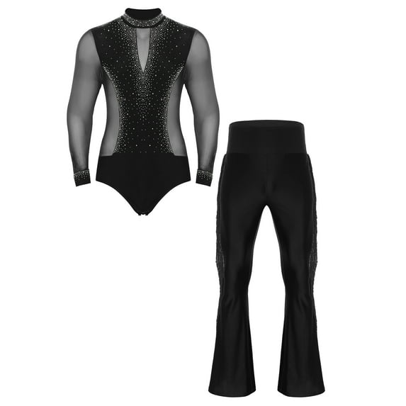 YiZYiF Men's Latin Ballroom Dance Costume Outfits Rhinestone Shiny Bodysuit with Flared Pants Set Black M