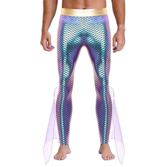 YiZYiF Men's Mermaid Pants King of The Seas Halloween Cosplay Costume Fish Scales Tights Leggings Purple 3XL