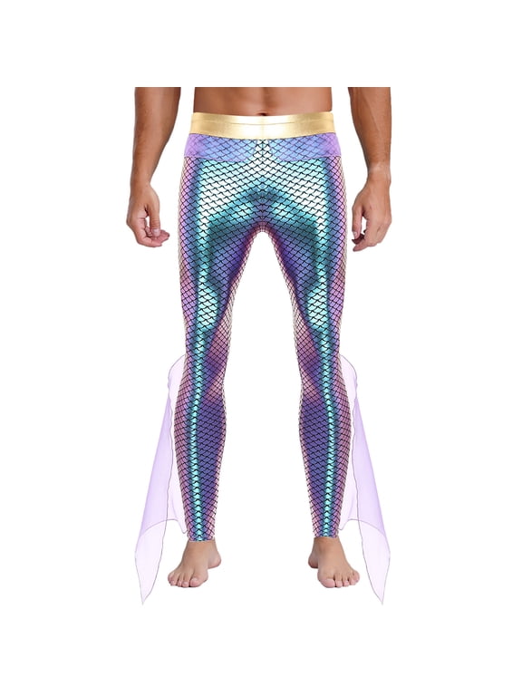 Men's Mermaid Pants King of The Seas Halloween Cosplay Costume Fish Scales Tights Leggings Purple L