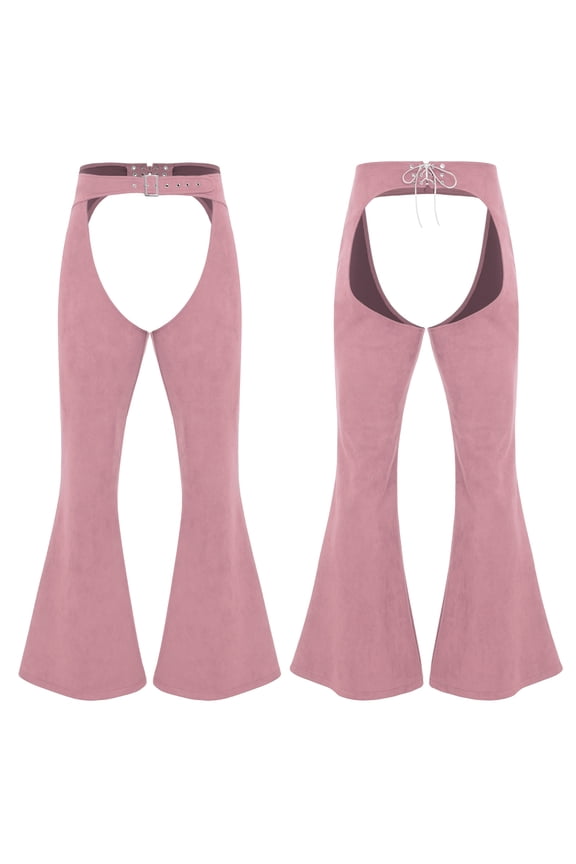 Men's Retro Faux Suede Flared Pants Open Trousers for Halloween Western Cowboy Costume Pink XXL